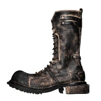 Round Toe Rustic Lace Up Side Zipper Field Military Handmade Leather Tough Guy Style Boots - Black