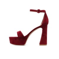 Peep Toe Chunky Heels Velvet Ankle Straps Platforms Sandals Pumps - Claret