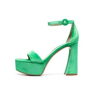 Peep Toe Chunky Heels Velvet Ankle Straps Platforms Sandals Pumps - Green