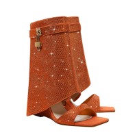 Peep Toe Rhinestones Ankle Highs Wedges Summer Boots with Zipper - Orange