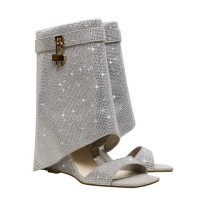 Peep Toe Rhinestones Ankle Highs Wedges Summer Boots with Zipper - Silver