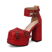 Round Toe Chunky Heels Bat Ankle Buckle Straps Pumps - Red Faux Leather