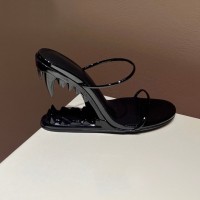 Peep Toe Monster Tiger Tooth Strange Heels Summer Sandals Slippers - Black