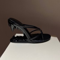 Peep Toe Monster Tiger Tooth Strange Heels X Straps Sandals Slippers - Black