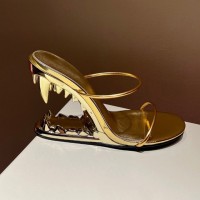 Peep Toe Monster Tiger Tooth Strange Heels Summer Sandals Slippers - Gold