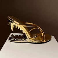 Peep Toe Monster Tiger Tooth Strange Heels X Straps Sandals Slippers - Gold