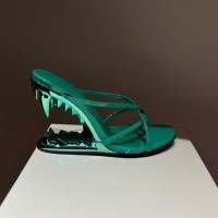 Peep Toe Monster Tiger Tooth Strange Heels X Straps Sandals Slippers - Green