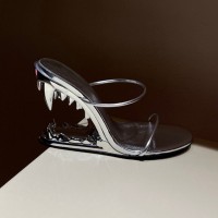 Peep Toe Monster Tiger Tooth Strange Heels Summer Sandals Slippers - Silver