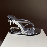Peep Toe Monster Tiger Tooth Strange Heels X Straps Sandals Slippers - Silver