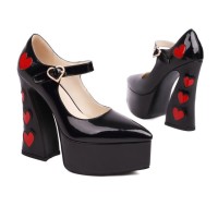 Pointed Toe Chunky Heels Hearts Patchwork Mary Janes Pumps - Black