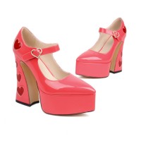 Pointed Toe Chunky Heels Hearts Patchwork Mary Janes Pumps - Pink