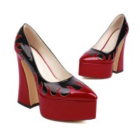 Pointed Toe Chunky Heels Patchwork Gothic Pumps - Red Black
