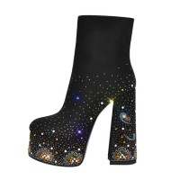 Round Toe Chunky Heels Side Zipper Platforms Ankle Highs Rhinestones Galaxy Boots - Black