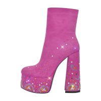 Round Toe Chunky Heels Side Zipper Platforms Ankle Highs Rhinestones Galaxy Boots - Pink