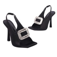 Square Peep Toe Stiletto Heels Metal Decorative Fish Mouth Sandals - Black