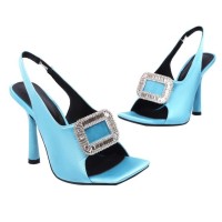 Square Peep Toe Stiletto Heels Metal Decorative Fish Mouth Sandals - Blue
