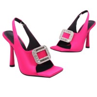 Square Peep Toe Stiletto Heels Metal Decorative Fish Mouth Sandals - Peach Pink