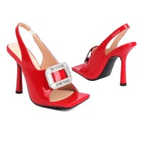 Square Peep Toe Stiletto Heels Metal Decorative Fish Mouth Sandals - Red