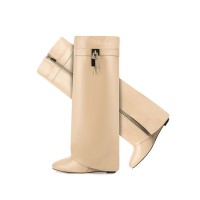 Round Toe Knee Highs Wedges Lock Decorated Side Zipper Fashion Rain Boots - Apricot
