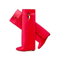 Round Toe Knee Highs Wedges Lock Decorated Side Zipper Fashion Rain Boots - Red