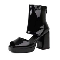 Square Open Toe Back Zipper Low Platforms Chunky Heels Breathable Summer Boots - Black Patent
