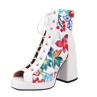 Square Open Toe Lace Up Ankle Highs Chunky Heels Flower Print Sandals - White Faux Leather