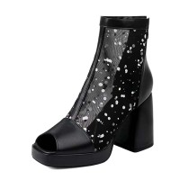 Peep Toe Tulle Mesh Ankle Highs Chunky Heels Low Platforms Boots - Black Faux Leather