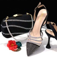 Pointed Toe Rhinestones Glitters Point Heels Slingback Sandals with Bag  - Black Faux Leather