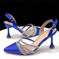 Pointed Toe Rhinestones Glitters Point Heels Slingback Sandals - Blue Faux Leather