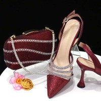 Pointed Toe Rhinestones Glitters Point Heels Slingback Sandals with Bag  - Wine Faux Leather