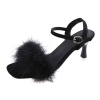 Peep Toe Kitten Heels Ankle Buckle Straps Sexy Feather Sandals - Black Flock