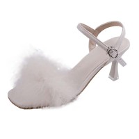 Peep Toe Kitten Heels Ankle Buckle Straps Sexy Feather Sandals - White Faux Leather