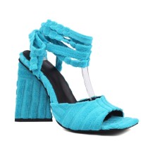 Chunky Heels Peep Toe Velvet Band Straps Summer Sandals - Blue