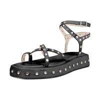 Peep Toe Rivet Decorated Punk Goth Style Ankle Straps Summer Flats Slipper Sandals - Black