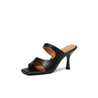 Peep Square Toe Kitten Heels Wrapped Slippers Sandals - Black