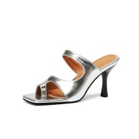 Peep Square Toe Kitten Heels Wrapped Slippers Sandals - Silver