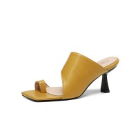 Peep Square Toe Kitten Heels Wrapped Slippers Sandals - Yellow