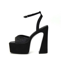 Square Open Toe Chunky Heels Ankle Buckle Straps Platforms Keren Sandals - Black Microfiber