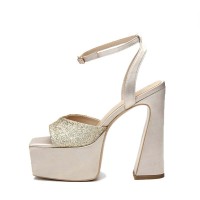 Square Open Toe Chunky Heels Ankle Buckle Straps Platforms Keren Sandals - Champagne Microfiber