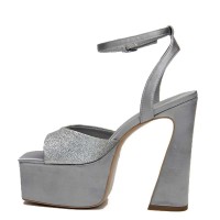 Square Open Toe Chunky Heels Ankle Buckle Straps Platforms Keren Sandals - Silver Gray Microfiber