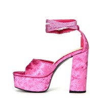 Square Open Toe Chunky Heels Ankle Buckle Glitters Straps Platforms Keren Sandals - Rose Flock