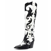 Pointed Toe Chunky Heels Knee Highs Western Cowgirl Boots - Black Faux Leather