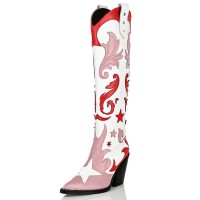 Pointed Toe Chunky Heels Knee Highs Western Cowgirl Boots - Red Faux Leather
