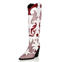 Pointed Toe Chunky Heels Knee Highs Western Cowgirl Boots - Red Glitters Faux Leather