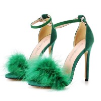 Peep Toe Stiletto Heels Ankle Buckle Straps Sexy Feather Sandals - Green Flock