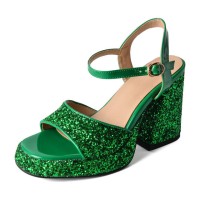Peep Toe Platforms Chunky Heels Ankle Buckle Straps Sequins Sandals - Green