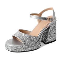 Peep Toe Platforms Chunky Heels Ankle Buckle Straps Sequins Sandals - Silver