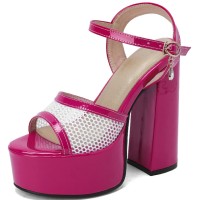 Chunky Heels Peep Toe Ankle Buckle Straps Fishnet Platforms Pumps  - Rose Red