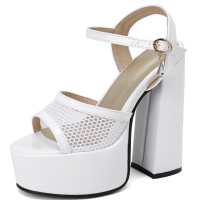 Chunky Heels Peep Toe Ankle Buckle Straps Fishnet Platforms Pumps  - White