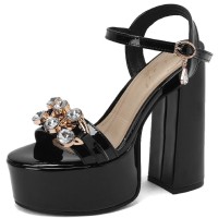 Chunky Heels Peep Toe Ankle Buckle Straps Crystal Decorated Platforms Pumps  - Black